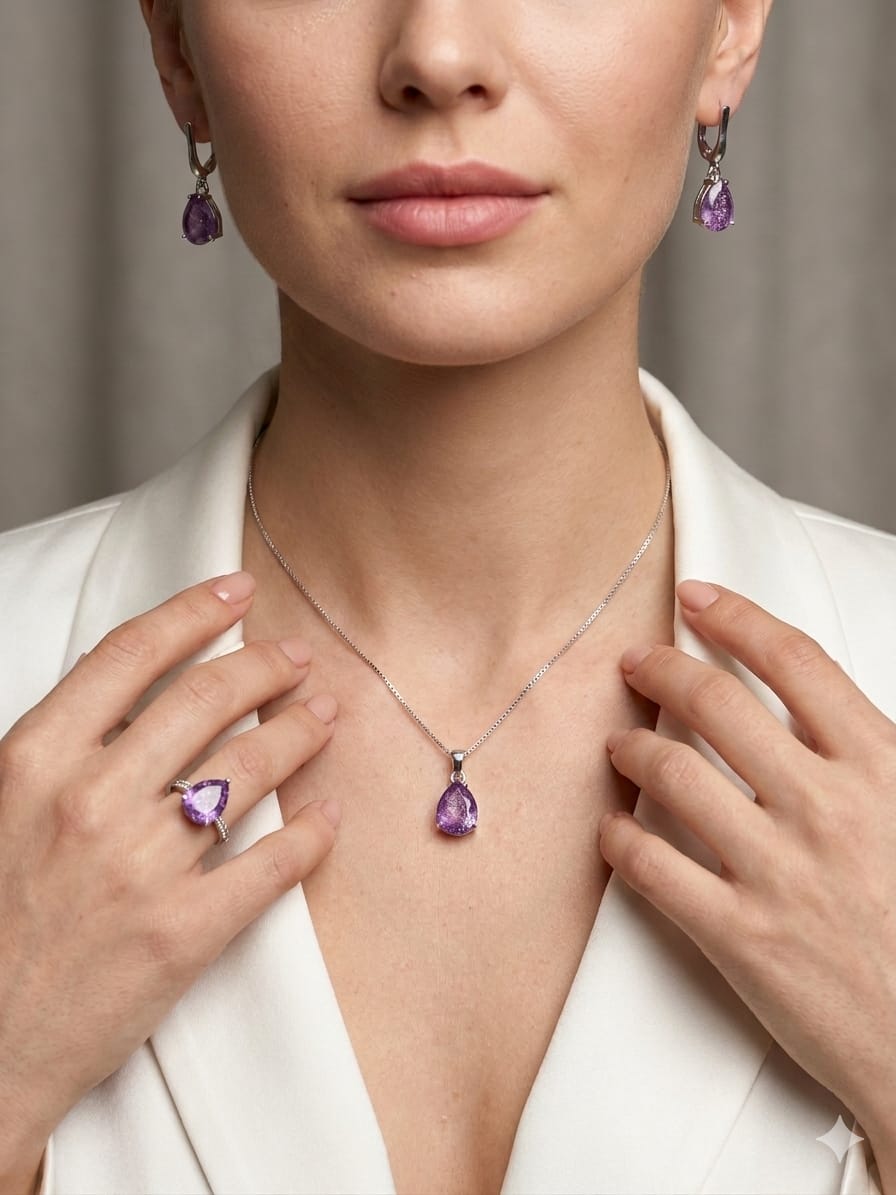 Dainty Lilac Pear-Cut Sterling Silver Jewelry Set – Necklace, Earrings & Ring