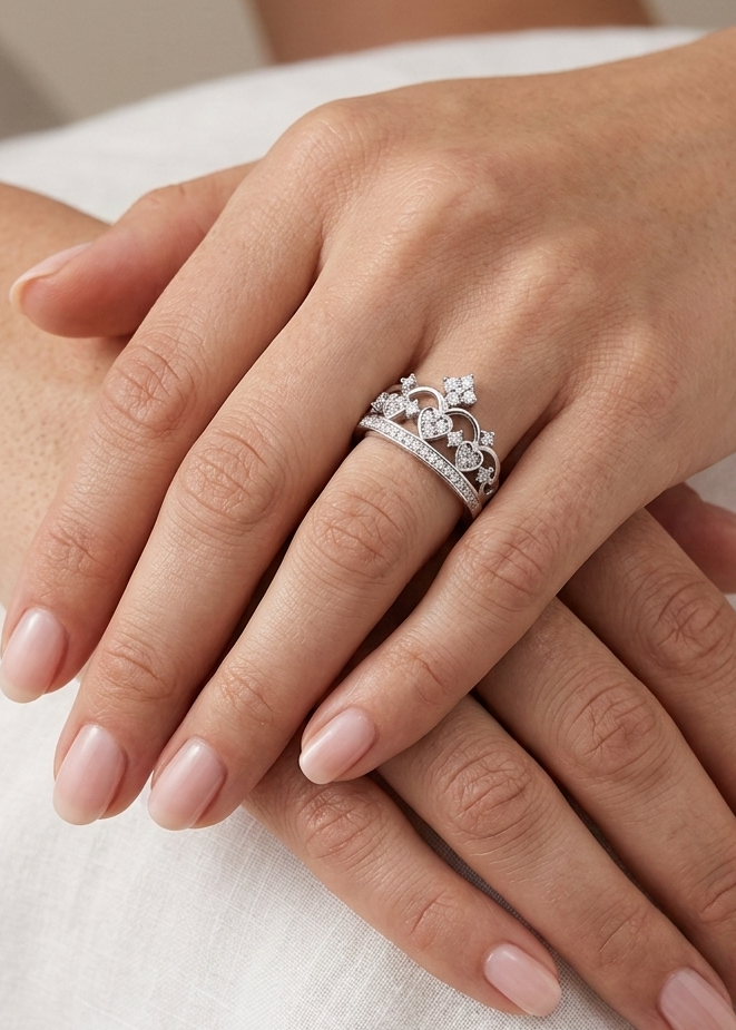 Royal Heart Tiara Sterling Silver Ring with 0.10ct Diamonds