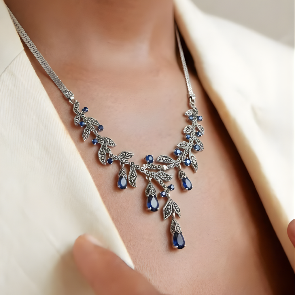 925 Sterling Silver Necklace with Blue Swiss Stones