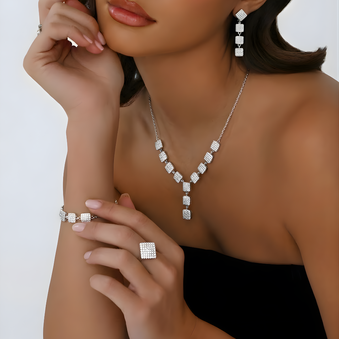 Modern Geometric Pavé Square Jewelry Suite – Necklace, Earrings, Bracelet & Ring