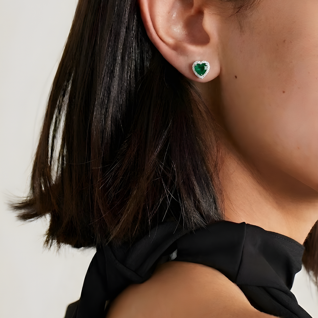 Green Heart-Shaped Sterling Silver Earrings with Platinum Plating