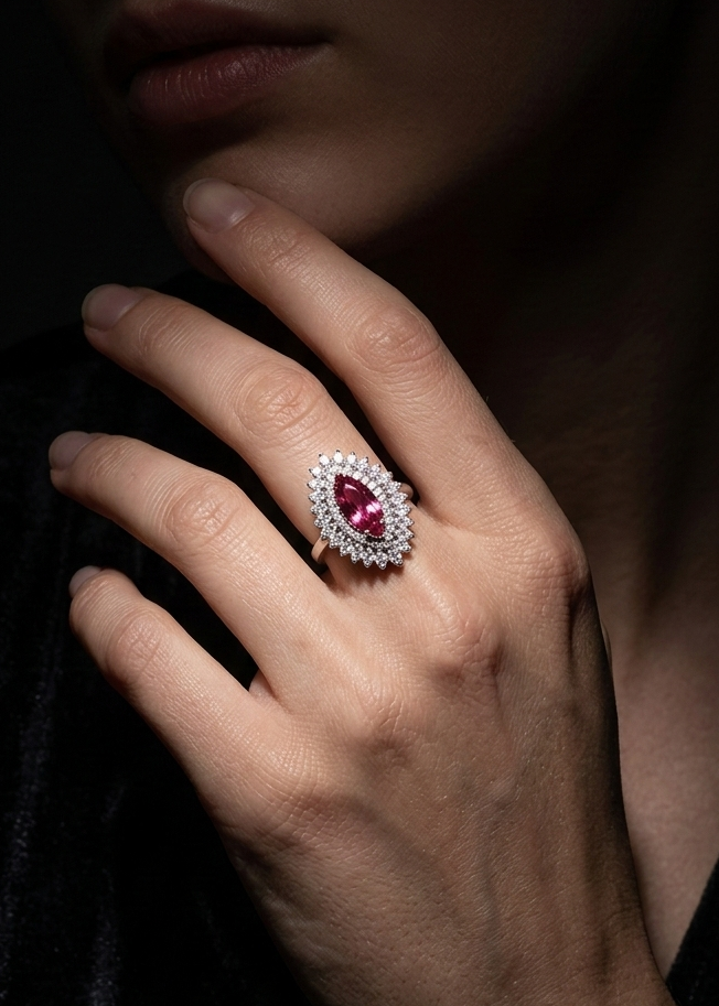 Marquise-Cut Raspberry Pink Double Halo Statement Ring