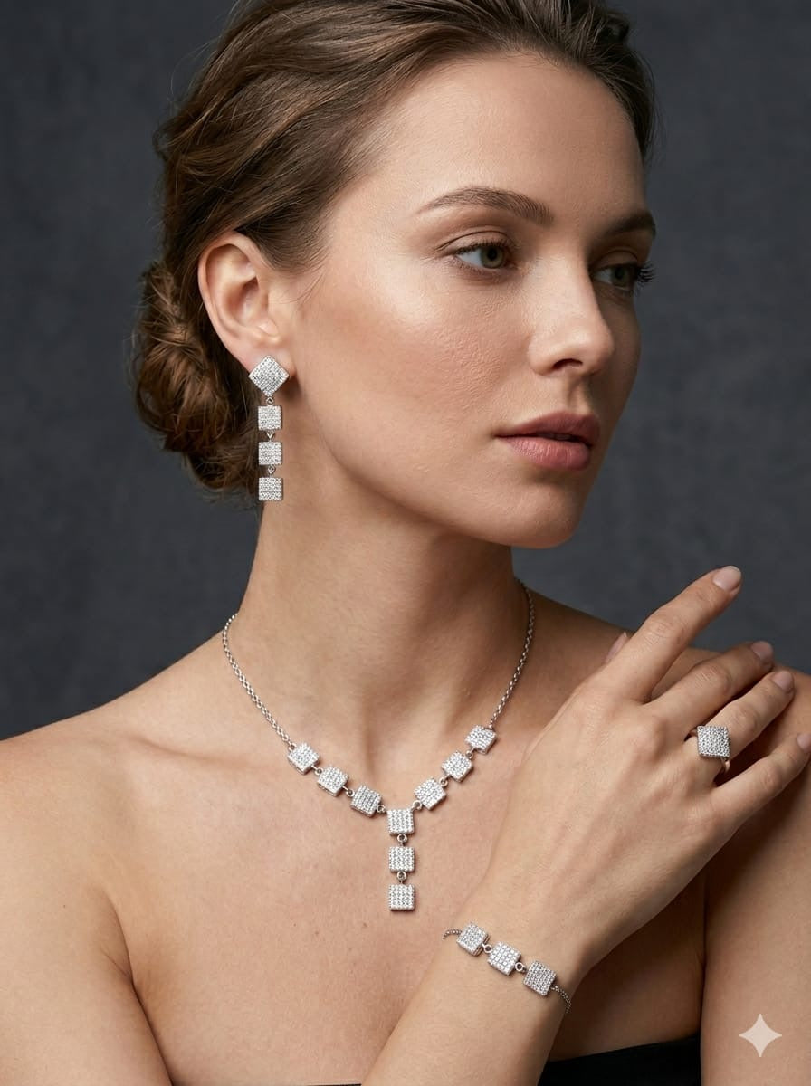 Modern Geometric Pavé Square Jewelry Suite – Necklace, Earrings, Bracelet & Ring