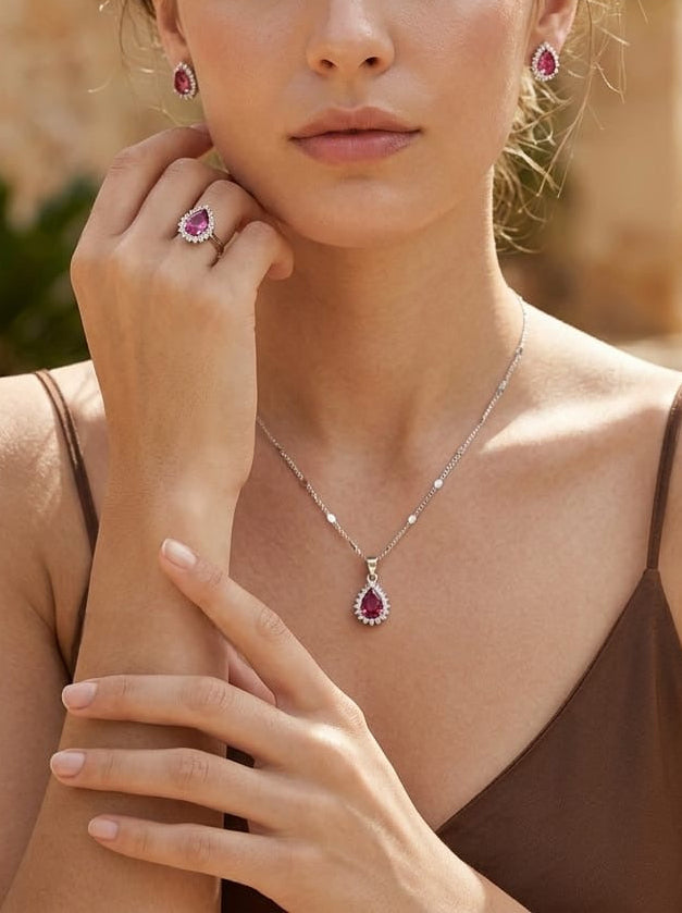 Elegant Amethyst-Tone Pear-Cut Sterling Silver Jewelry Set – Necklace, Earrings & Ring