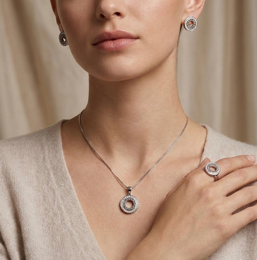 Modern Circular Pavé Sterling Silver Jewelry Set – Necklace, Earrings & Ring