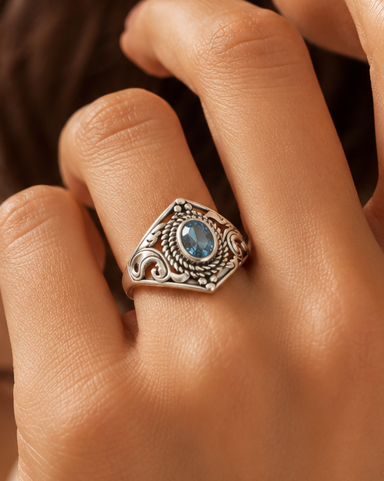 925 Sterling Silver Ring with a Light Blue Swiss Center Stone