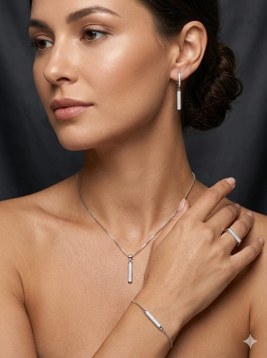 Minimalist Pavé Vertical Bar Sterling Silver Jewelry Set – Necklace, Earrings & Ring