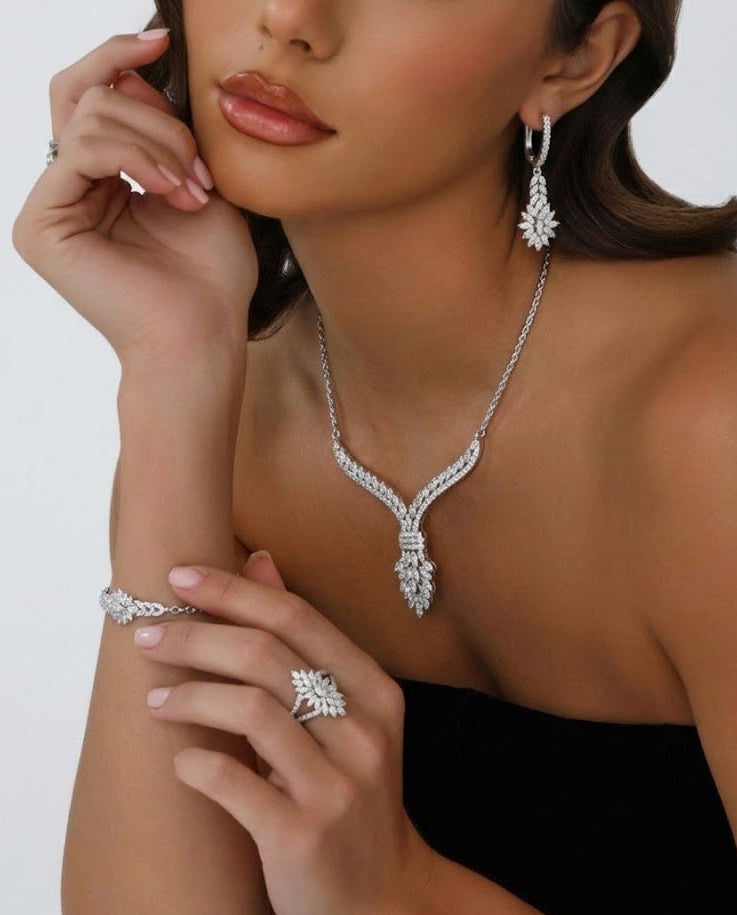 Artisan Floral Crystal Sterling Silver Jewelry Suite – Necklace, Earrings, Bracelet & Ring