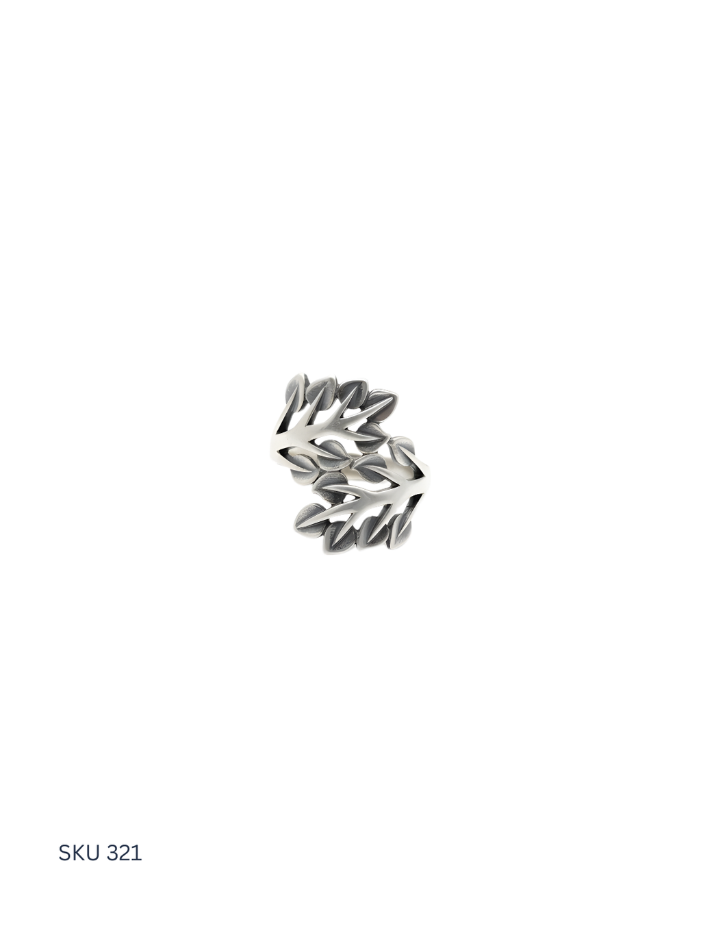 Silver leaf-shaped earring on a white background with SKU 321 text.