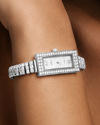 Art Deco Rectangular Pavé Crystal Sterling Silver Bracelet Watch