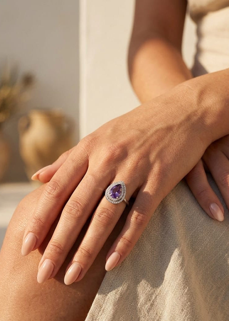 Royal Amethyst Teardrop Double Halo Statement Ring
