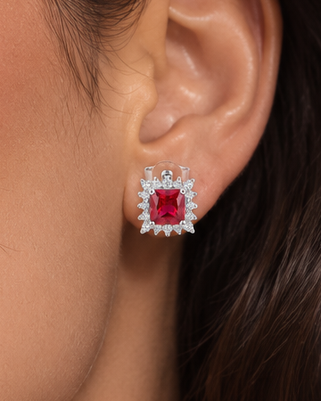 Red Stone Sterling Silver Earrings with Platinum Plating