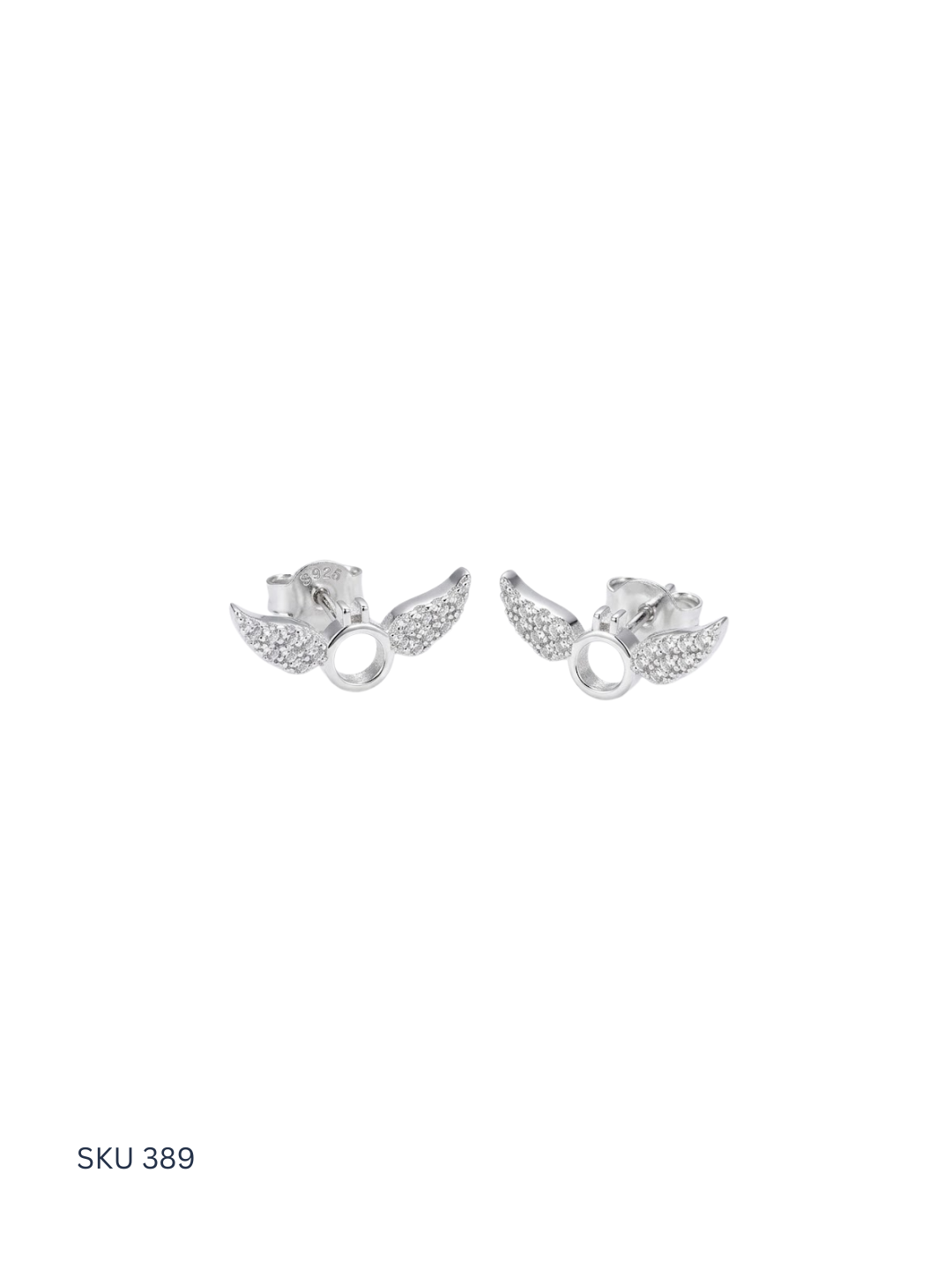 Silver wing-shaped earrings on a white background with SKU 389 label.