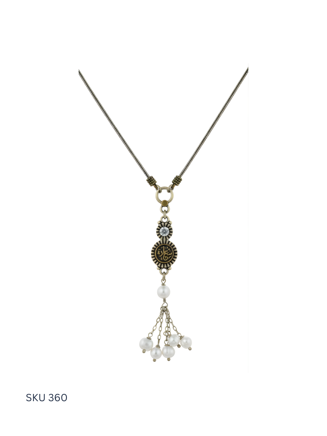 Necklace with decorative pendant and beads on a white background