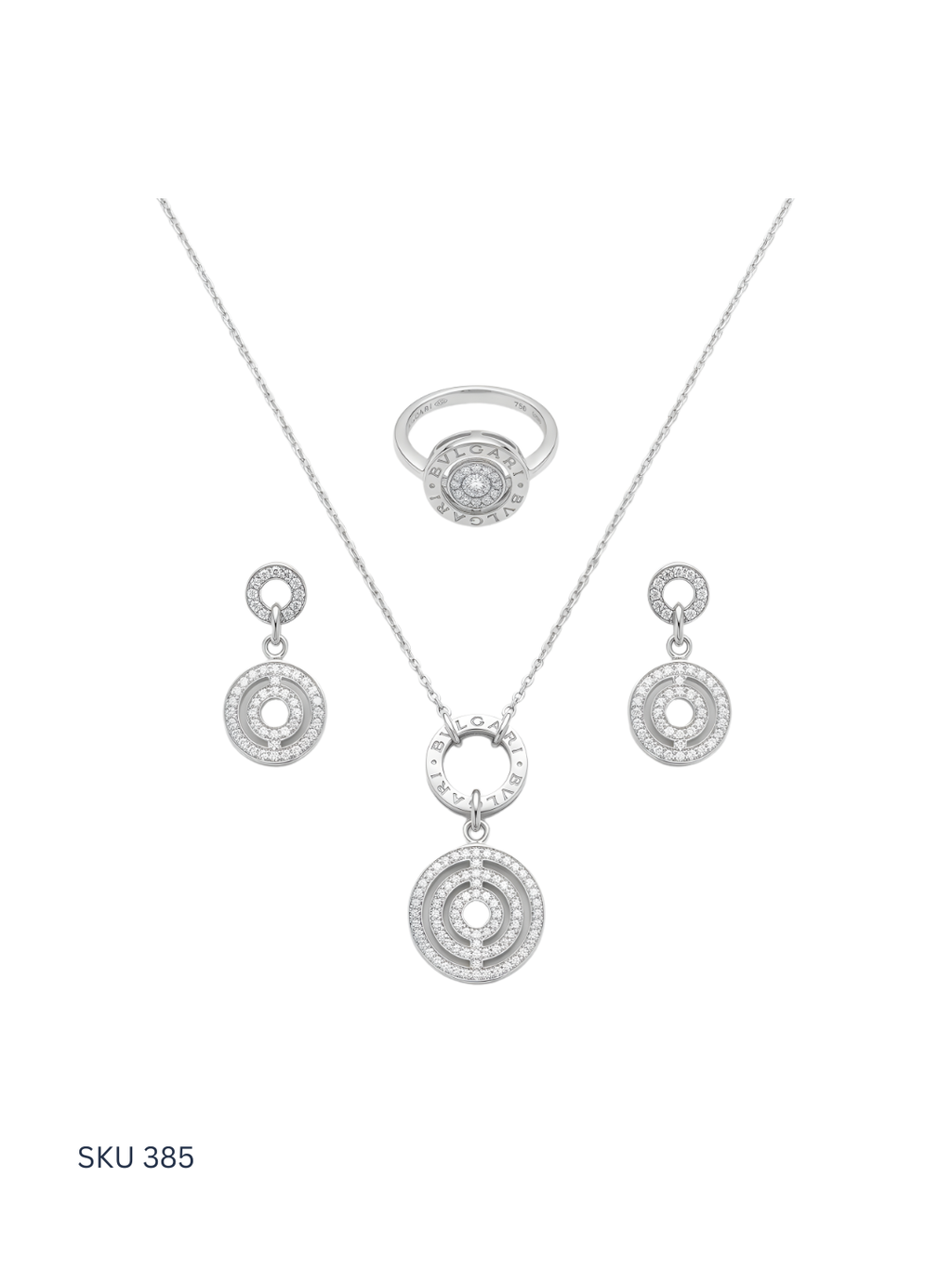 Silver jewelry set with necklace, ring, and earrings on a white background