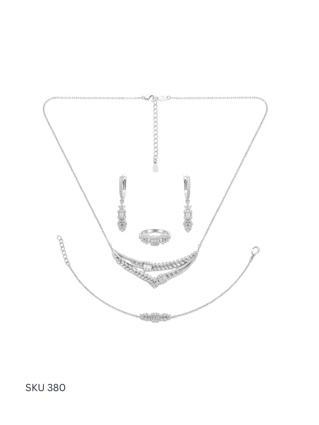 Silver jewelry set with necklace, bracelet, ring, and earrings on a white background.