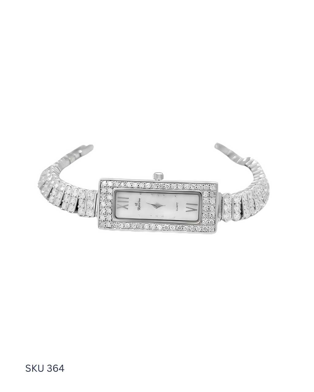 Silver rectangular watch with gemstone accents on a white background