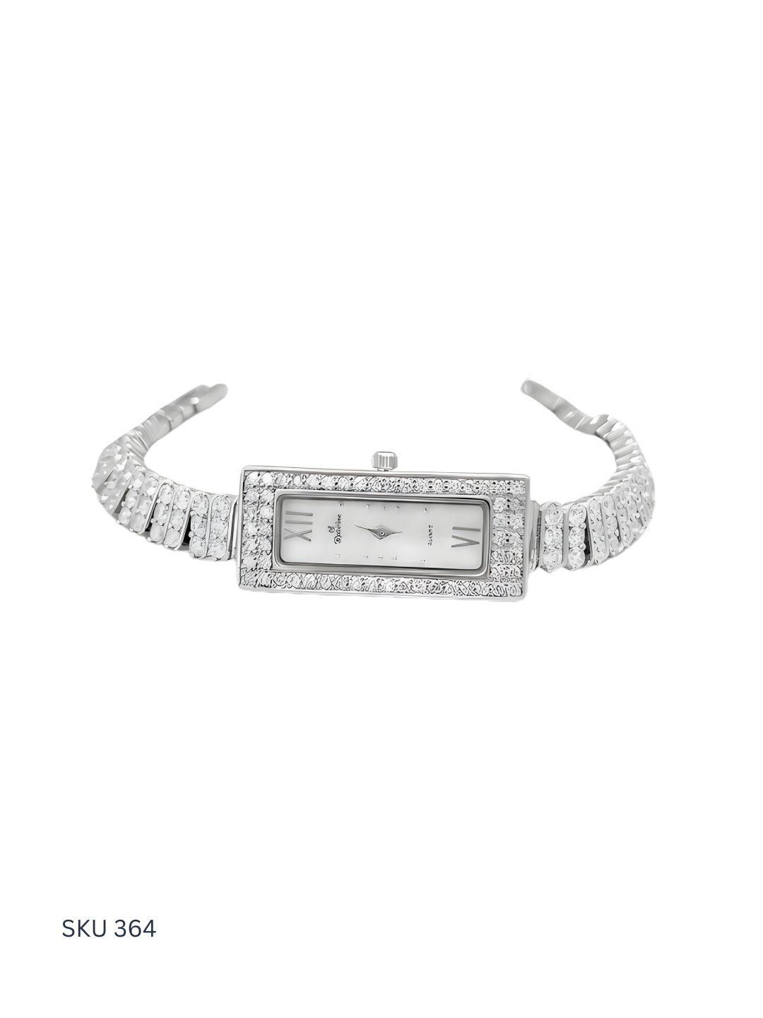 Silver rectangular watch with gemstone accents on a white background
