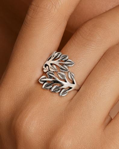 925 Sterling Silver Leaf Ring with Swiss Center Stones