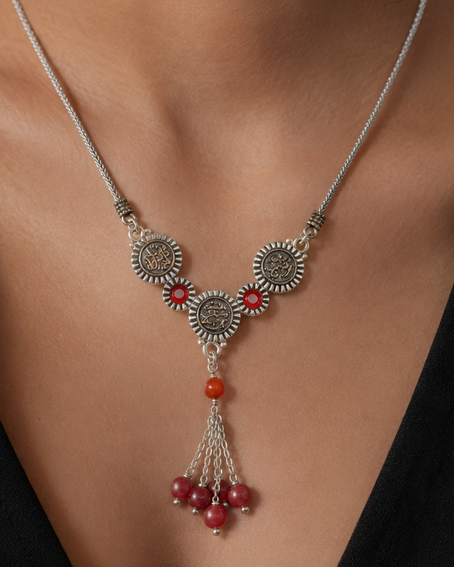Triple Medallion Calligraphy Necklace with Red Agate Accents