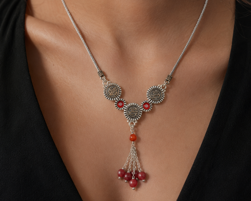 Triple Medallion Calligraphy Necklace with Red Agate Accents