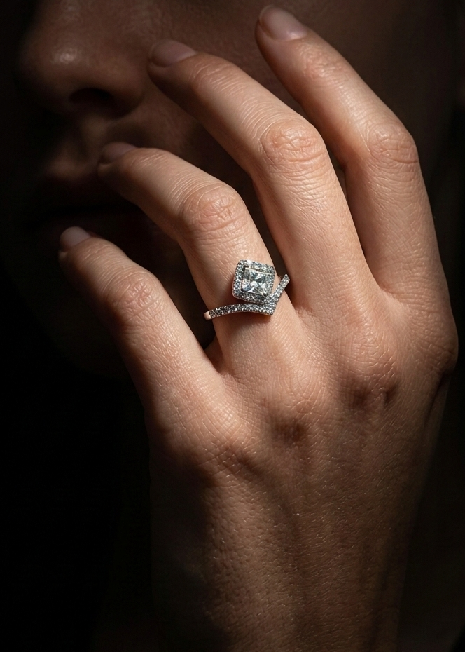 Asymmetrical Princess-Cut Halo Engagement Ring in Sterling Silver