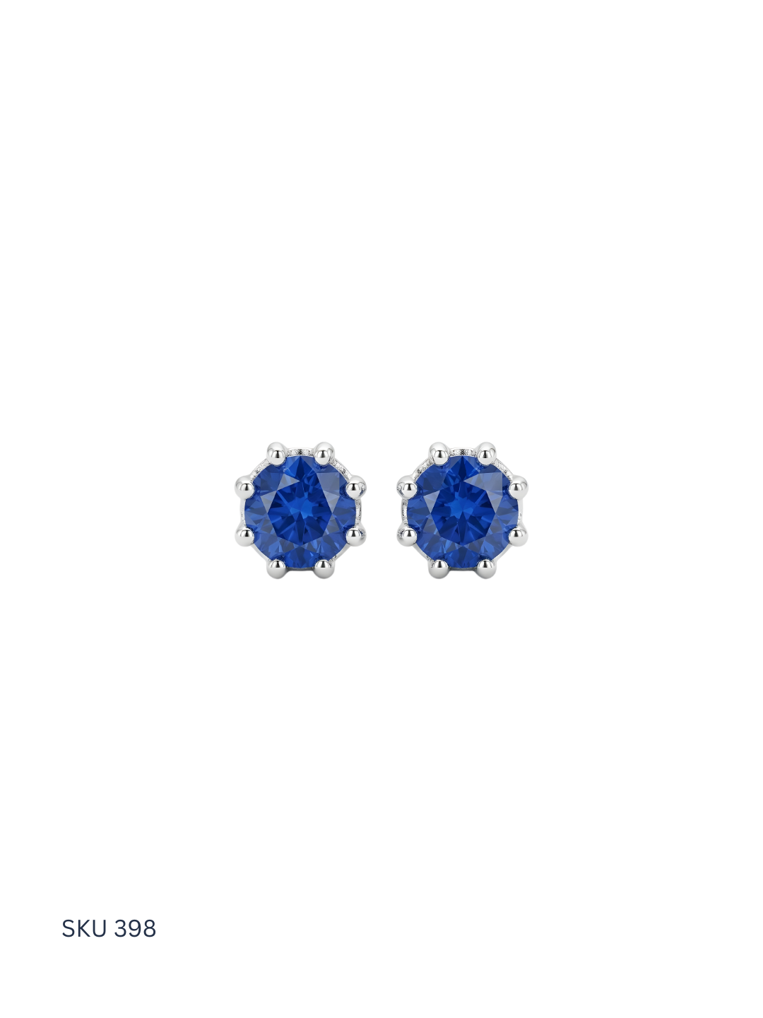 Pair of blue gemstone stud earrings on a white background with SKU 398.