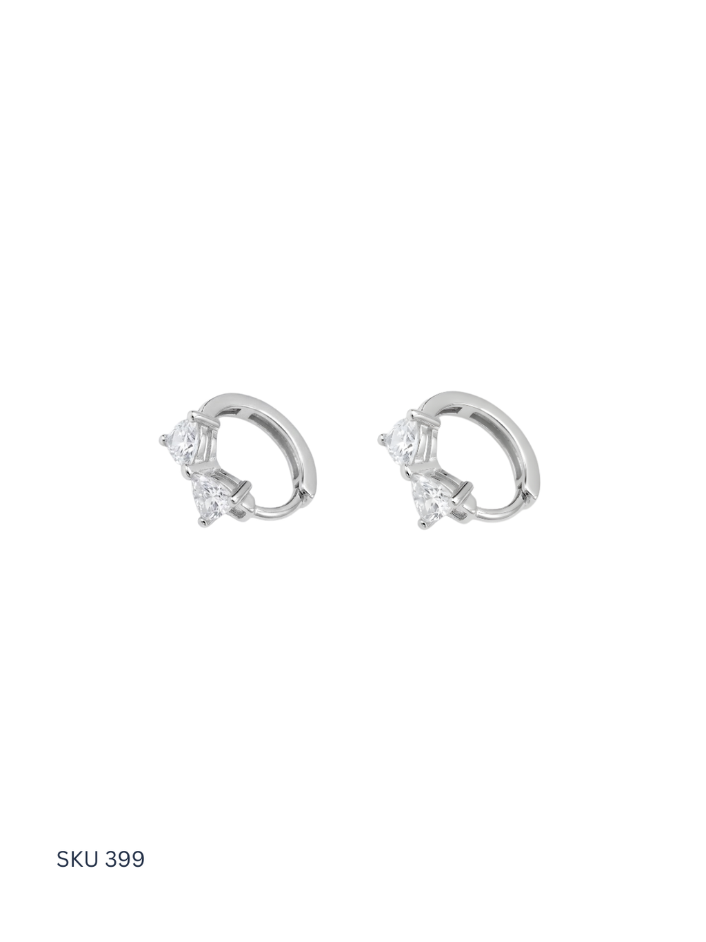 Pair of silver hoop earrings with clear gemstones on a white background