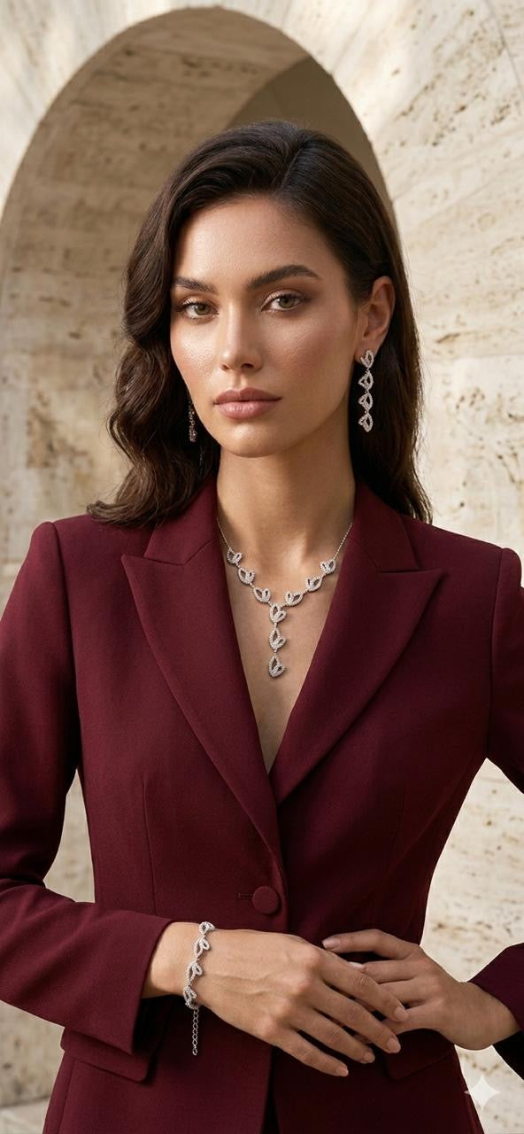 Delicate Leaf Motif Crystal Sterling Silver Jewelry Suite – Necklace, Earrings & Bracelet