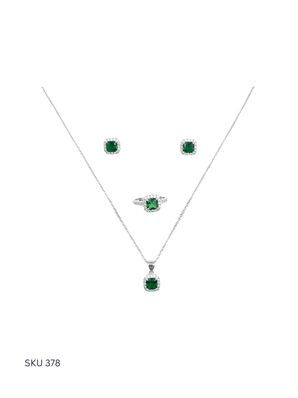 Jewelry set with pendant and earrings featuring green gemstones on a white background.