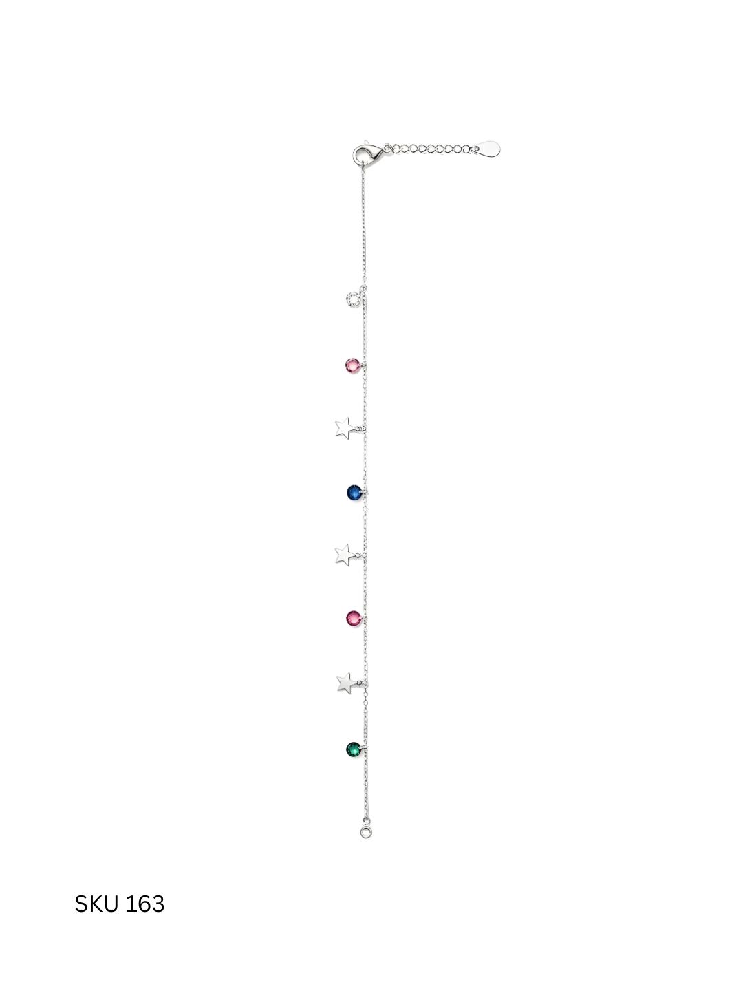 A vibrant anklet adorned with colored stones, crafted from Italian 925 sterling silver and platinum plated. Designed to add a playful sparkle to everyday wear.