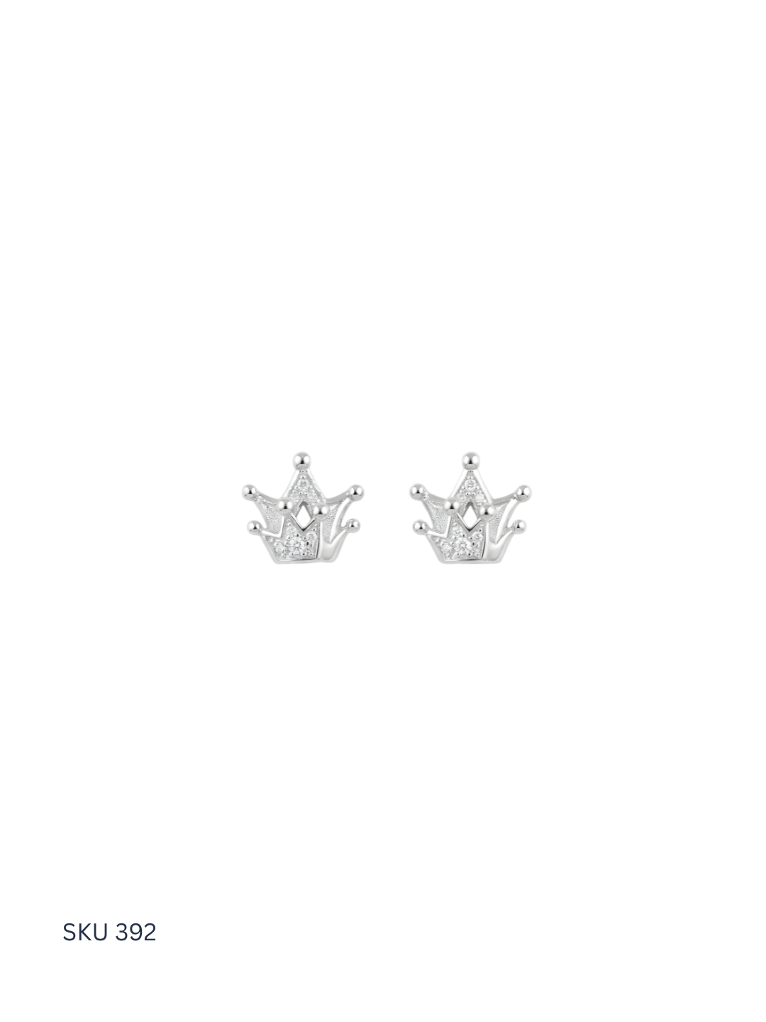 Pair of silver crown-shaped earrings on a white background with SKU 392 text.