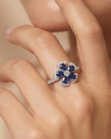 Rose Ring with Blue Stone – Platinum Plated 925 Silver