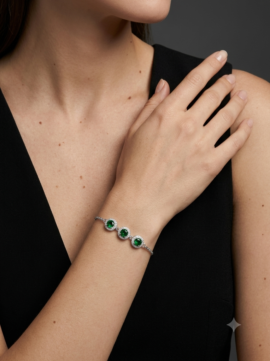 Three Emerald Halo Bracelet – 925 Sterling Silver