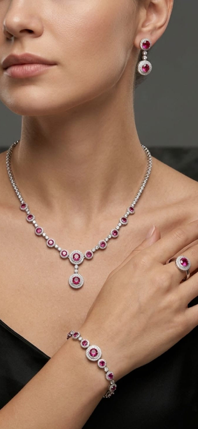 Regal Crimson Halo Jewelry Suite – Necklace, Earrings, Bracelet & Ring