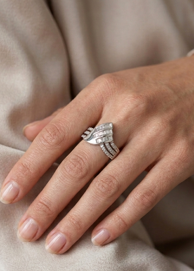 Modern Baguette & Round-Cut Asymmetrical Band Ring in Sterling Silver