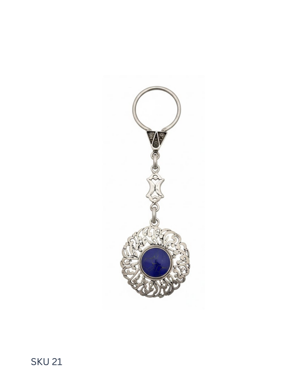 Egyptian silver medal keychain crafted in 800 silver purity, adorned with decorative silver stones and an Islamic motif. Designed for both men and women, this piece balances elegance and cultural expression.