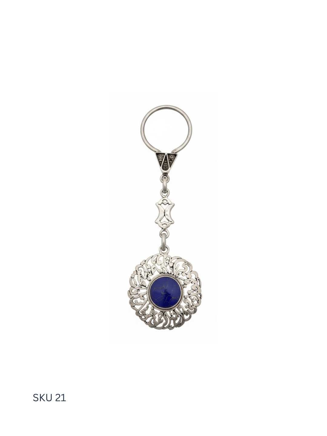 Egyptian silver medal keychain crafted in 800 silver purity, adorned with decorative silver stones and an Islamic motif. Designed for both men and women, this piece balances elegance and cultural expression.