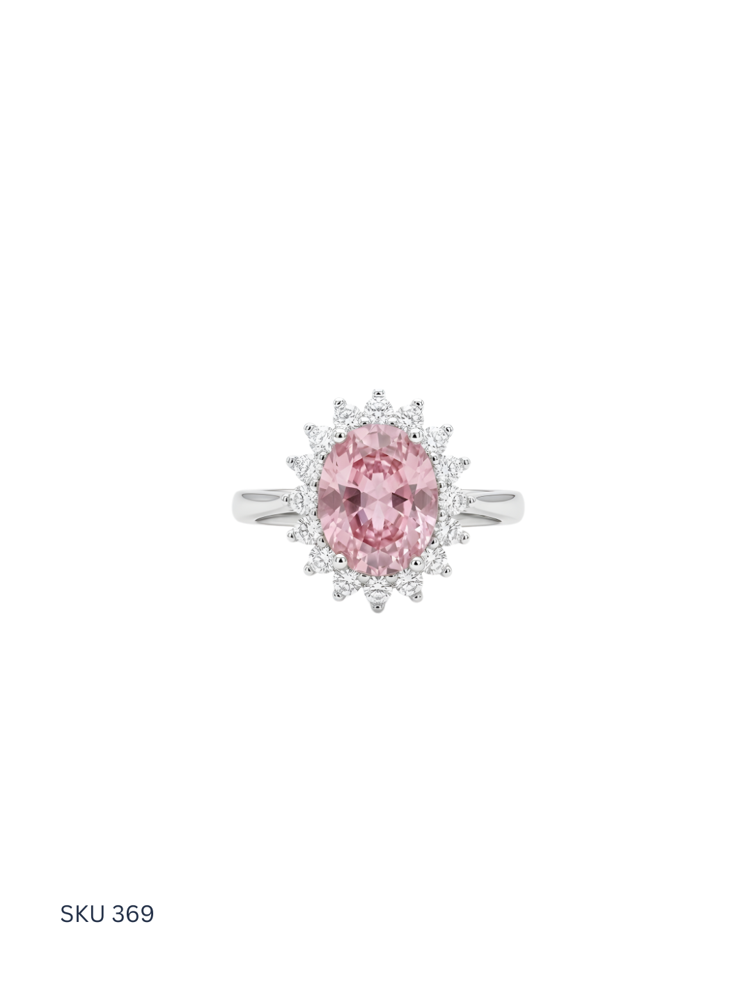 Ring with a pink gemstone and diamond halo on a white background
