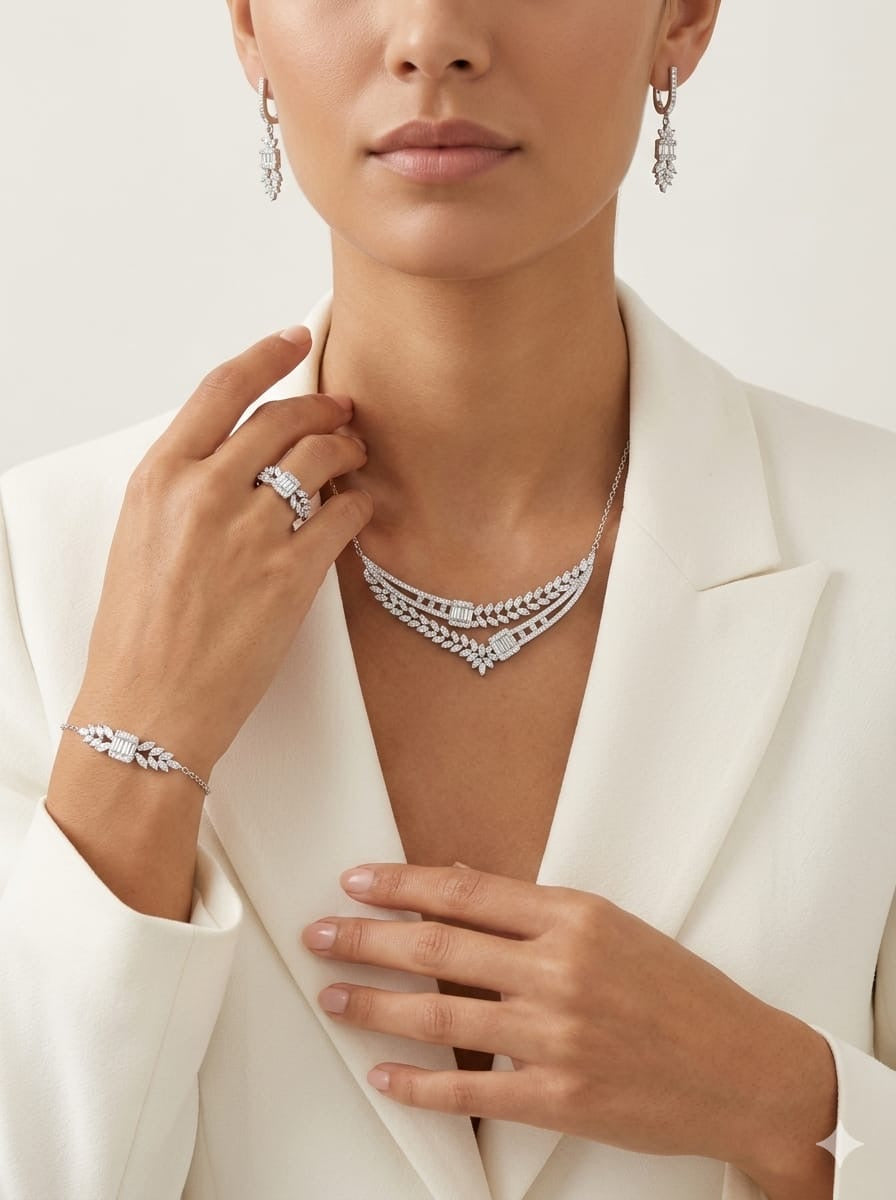 Art Deco Baguette & Round-Cut Crystal Sterling Silver Jewelry Suite – Necklace, Earrings, Bracelet & Ring