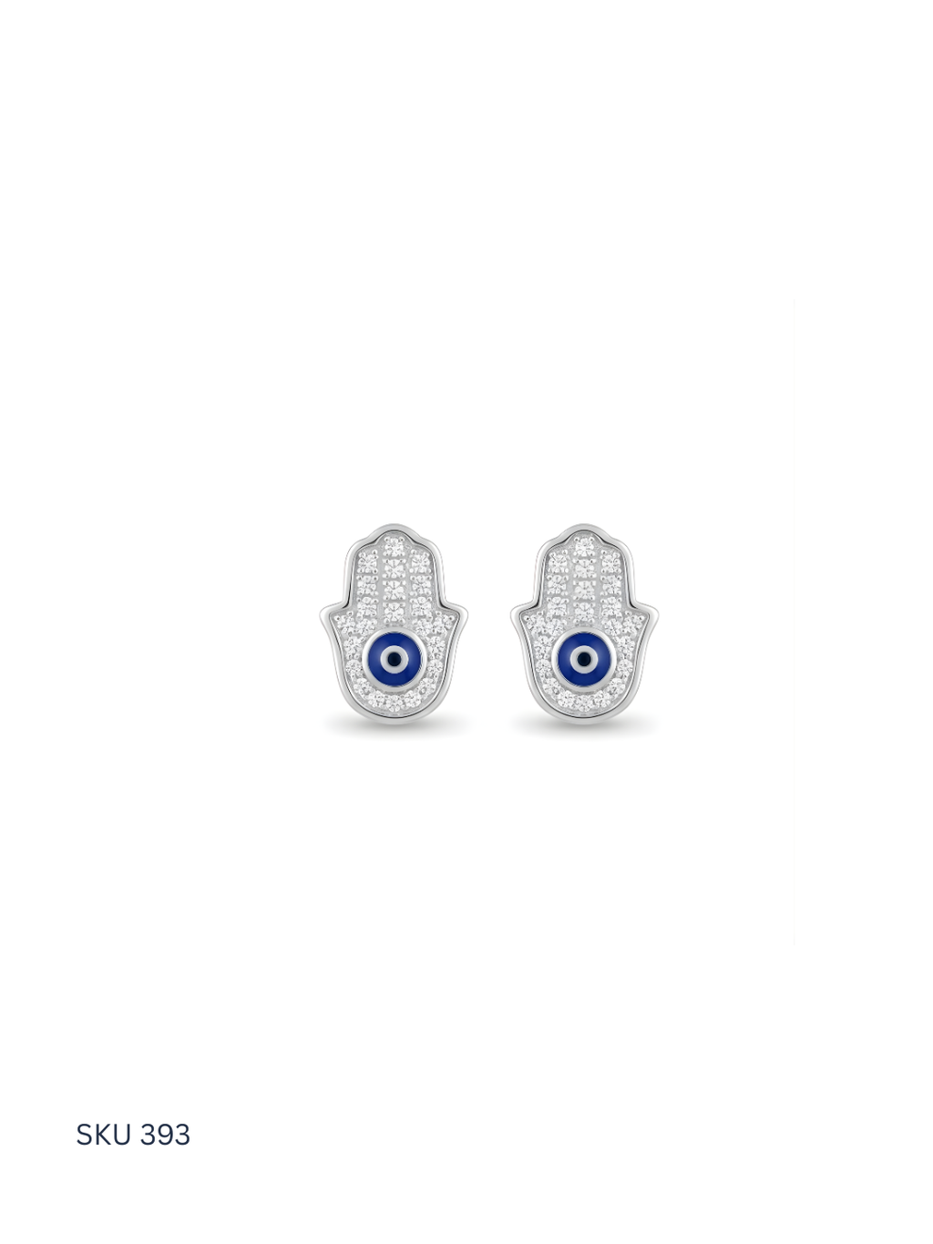 Pair of silver hamsa hand earrings with blue eyes on a white background