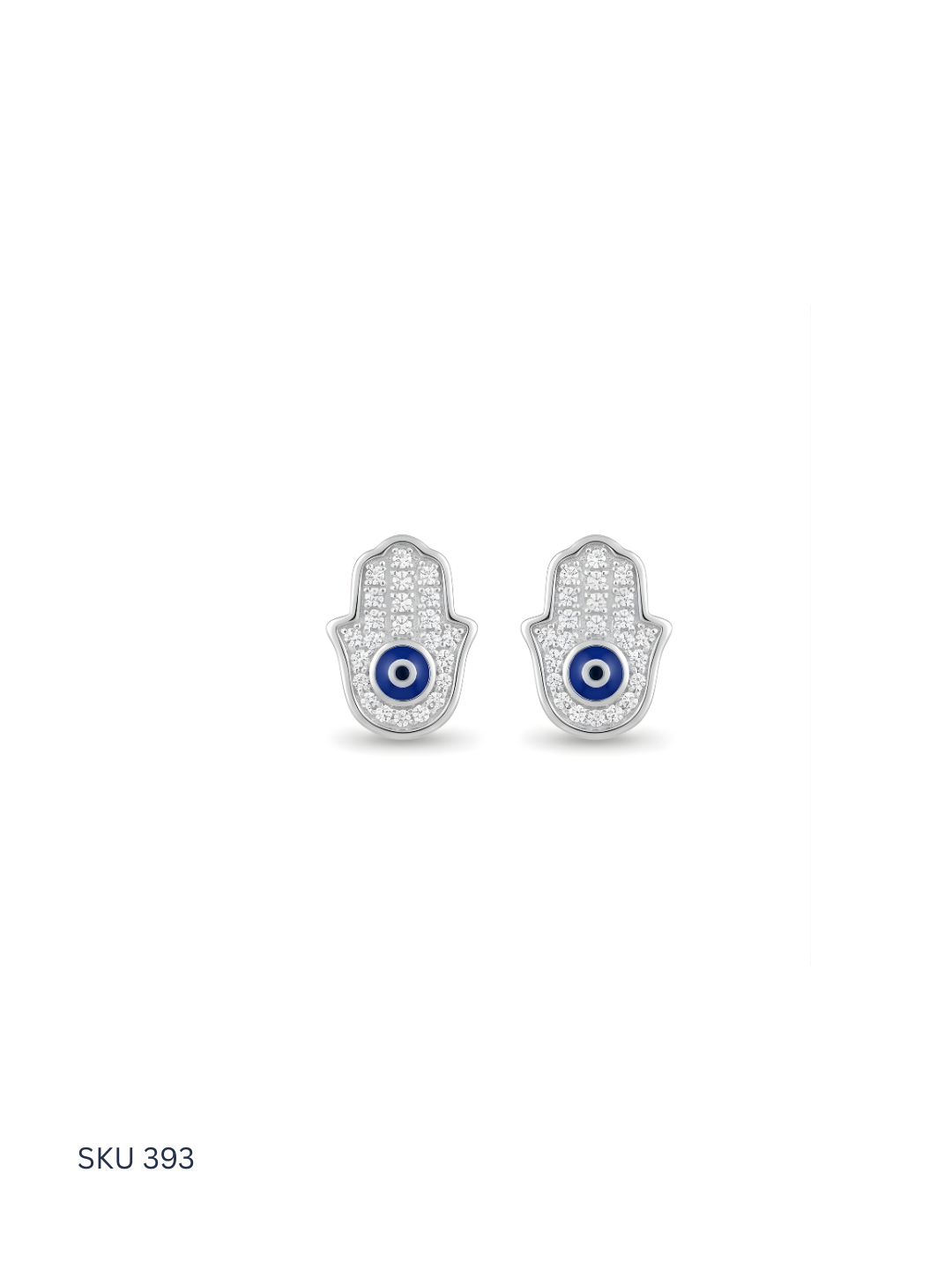 Pair of silver hamsa hand earrings with blue eyes on a white background