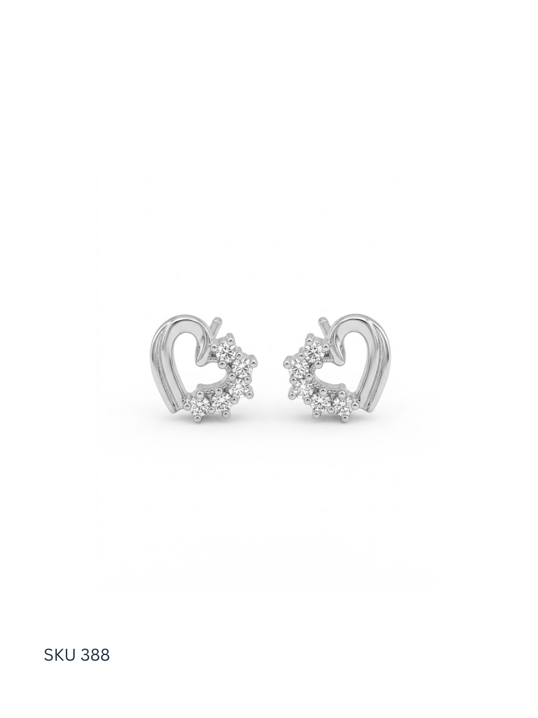 Heart-shaped silver earrings with clear stones on a white background