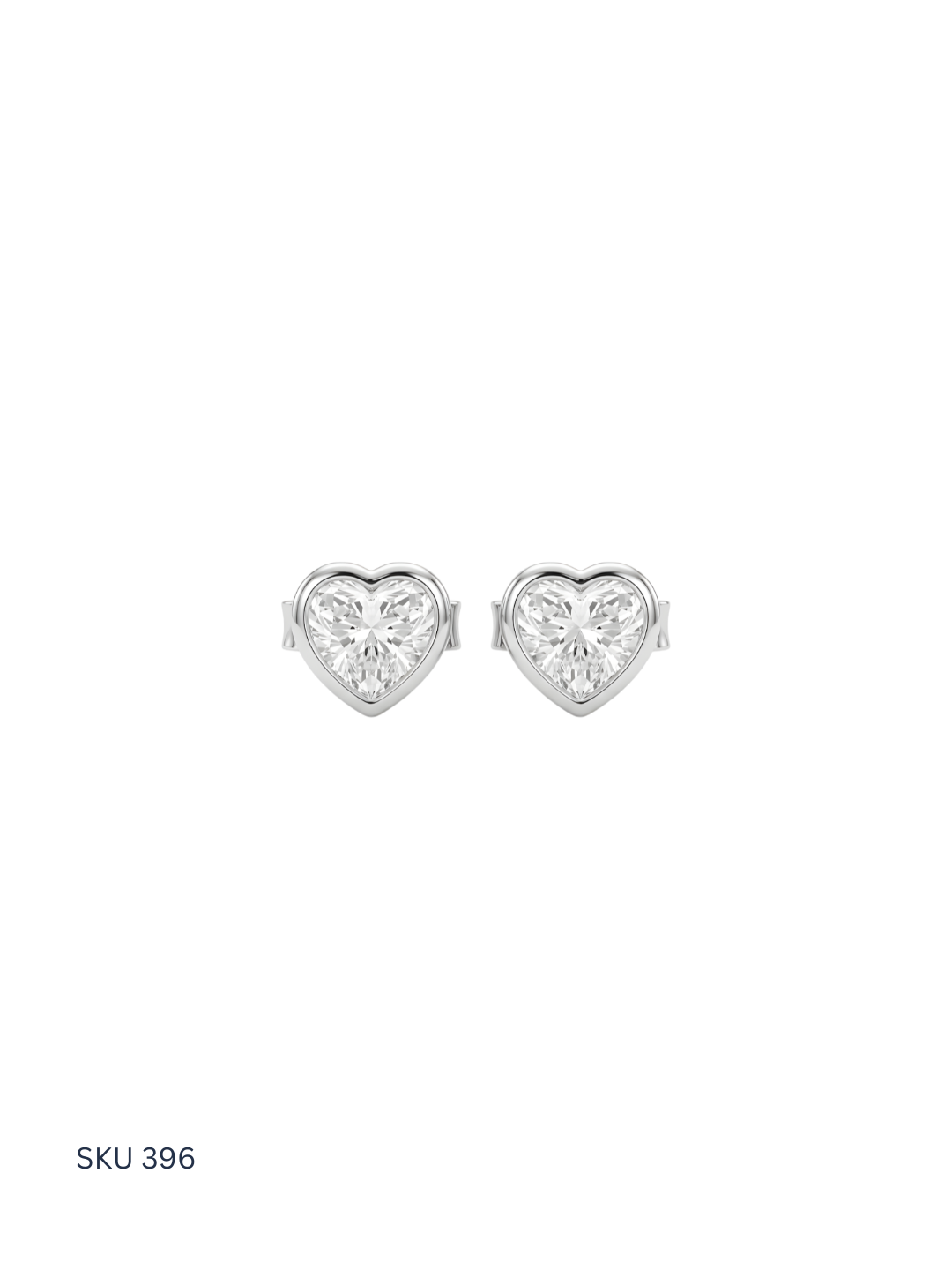 Heart-shaped silver earrings with clear gemstones on a white background, SKU 396.