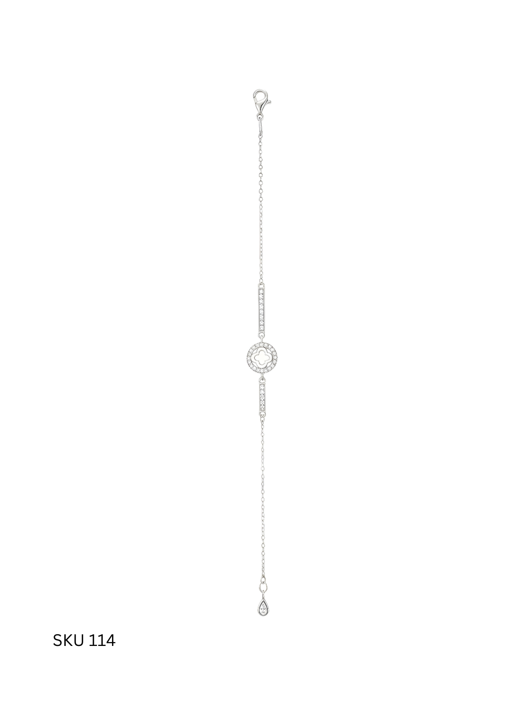 A clover-inspired bracelet crafted from Italian sterling silver (925) and platinum plated, offering soft elegance and symbolic charm.