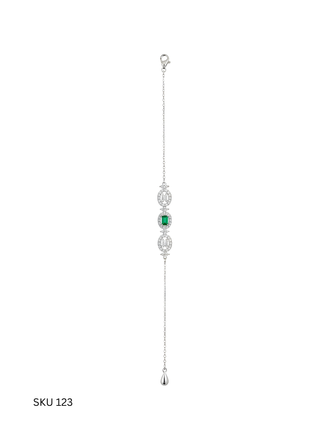 A newly introduced green stone bracelet in Italian sterling silver (925), platinum plated to enhance brilliance, offering stylish charm at an accessible value.