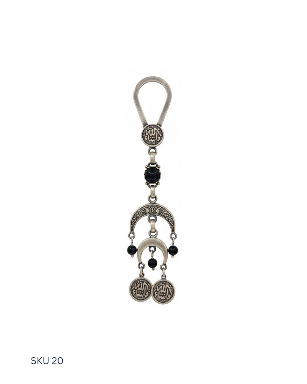 A unique lady’s silver medal keychain crafted from Egyptian 800 silver, featuring stone accents and an Islamic-inspired design. Combining femininity with cultural symbolism, it is a meaningful accessory for her.