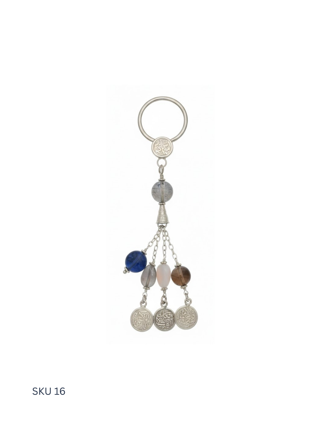 Elegant lady’s silver medal keychain crafted from Egyptian 800 silver, accented with decorative silver stones. Designed in a Western style, this piece adds subtle sparkle and refined femininity to a practical accessory.