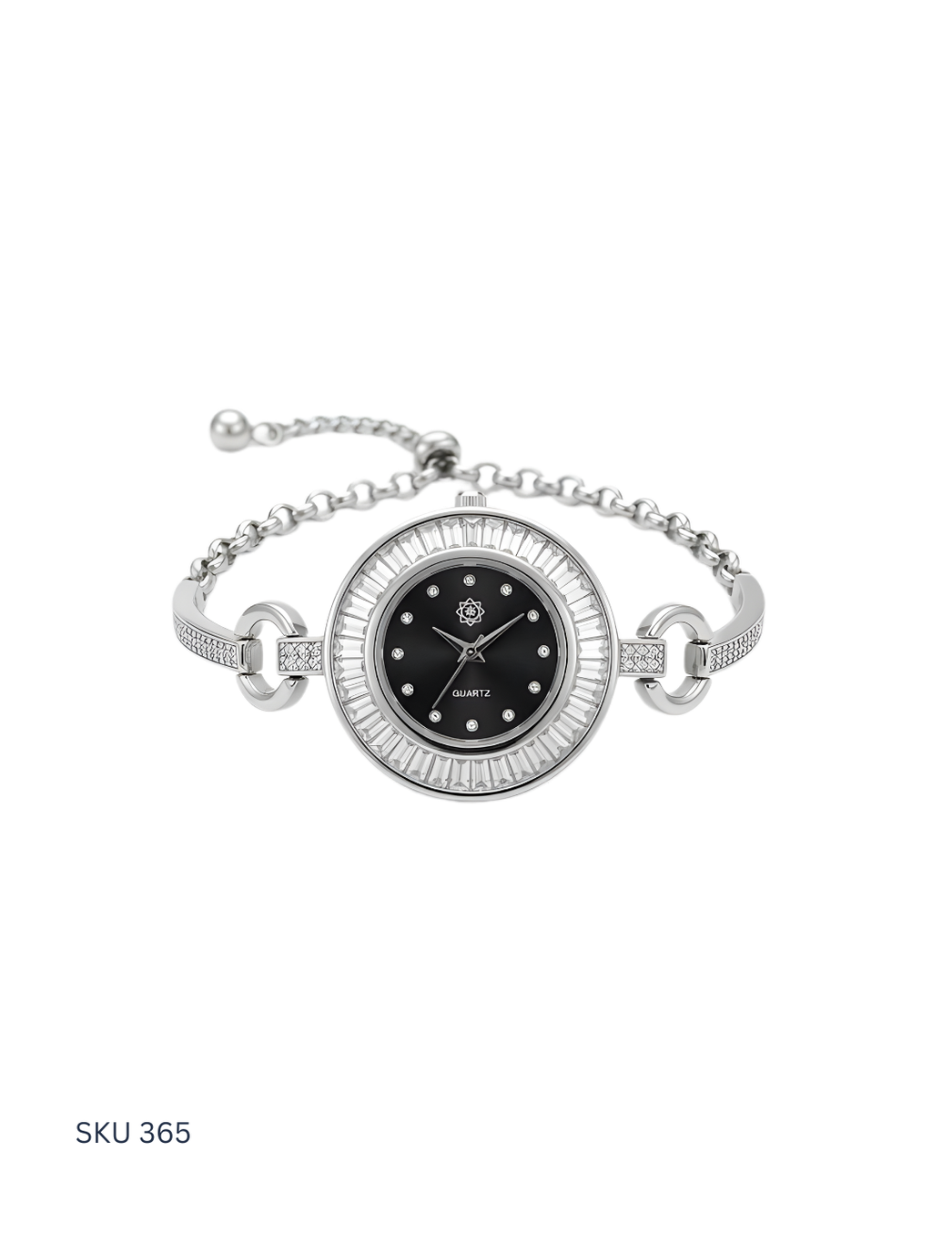 Silver bracelet watch with black dial on a white background