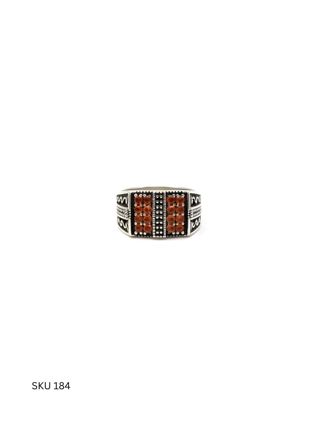 A modern men’s ring crafted from Turkish 925 sterling silver and highlighted with orange stones. A distinctive design that adds personality and warmth to masculine style.